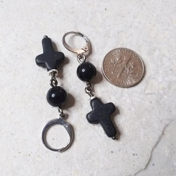 Earring + Bracelet Set! Glossy Black Stone Beads + Cross! Loss Grief Bereavement - Picture 9 of 10